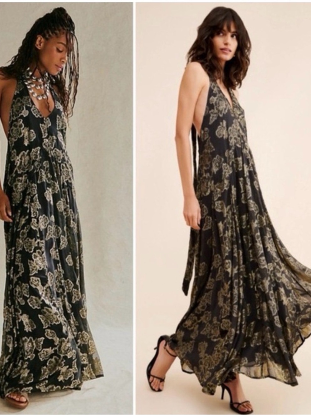 Free People Black and Gold Metallic Floral Maxi Dress